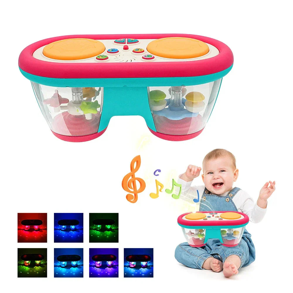Baby playing with interactive drum set, colorful lights & sounds, infant musical learning toy