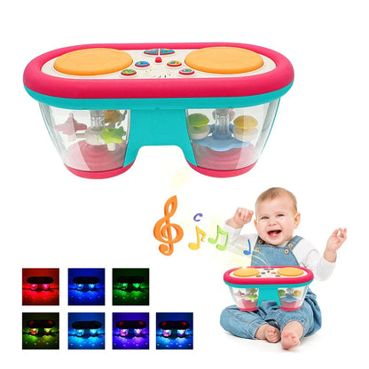 Baby playing with interactive drum set, colorful lights & sounds, infant musical learning toy