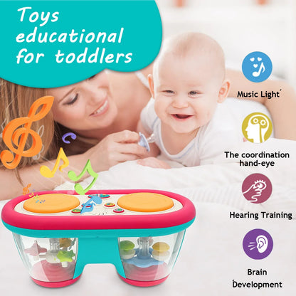 Close-up of interactive baby drum set with light-up pads, sensory musical instrument toy for infants