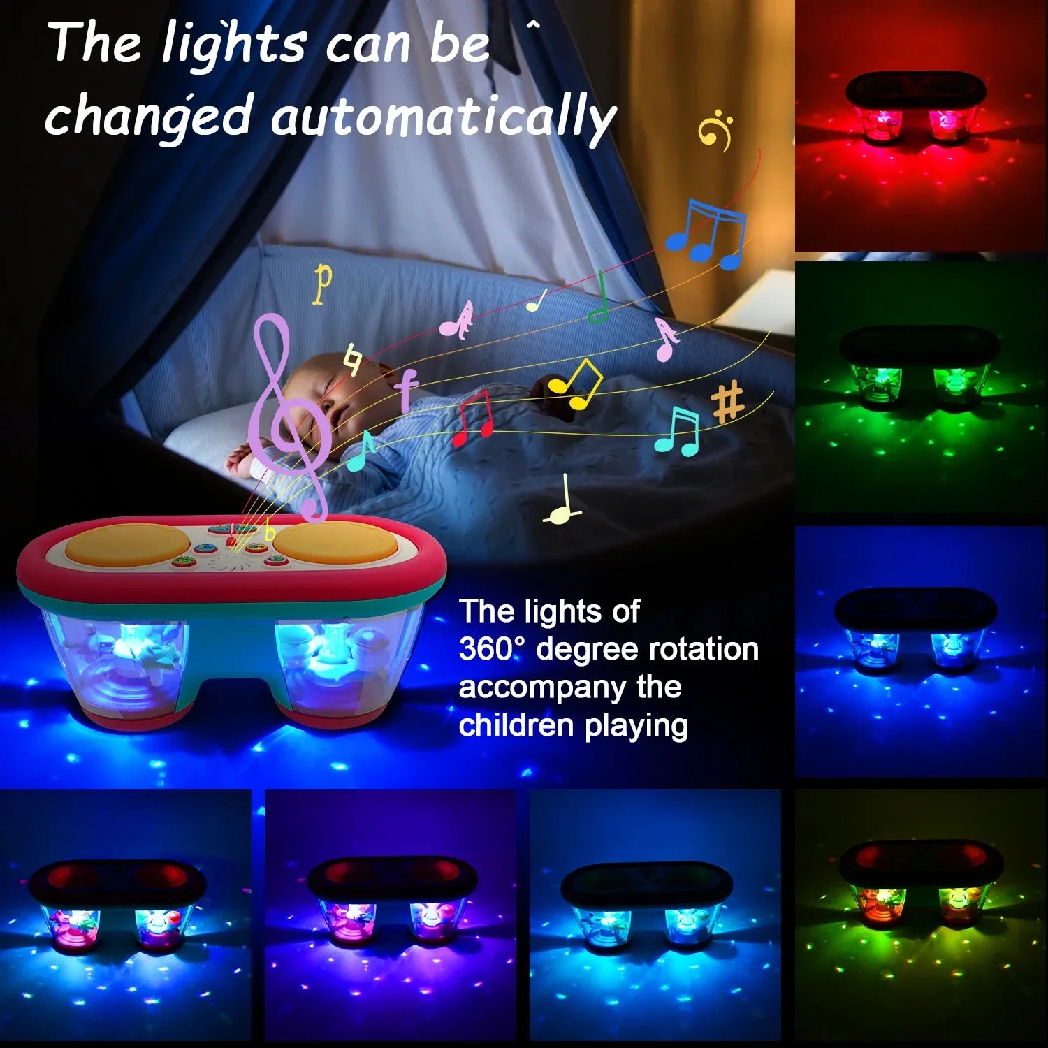 Toddler happily engaging with a bright musical drum toy, educational rhythm development for young children