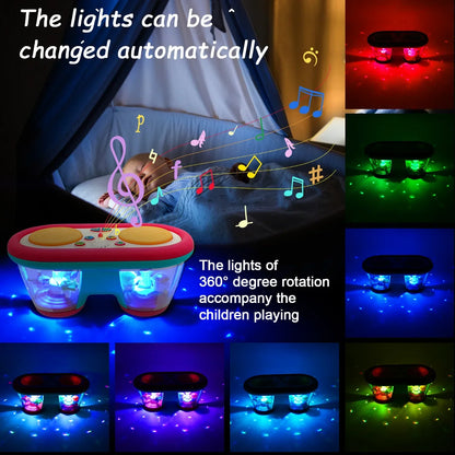 Toddler happily engaging with a bright musical drum toy, educational rhythm development for young children