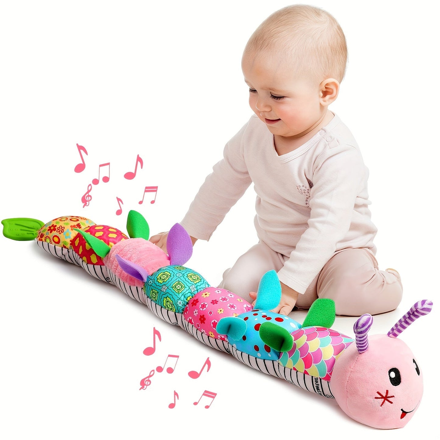 Baby plush musical rattle toy, colorful and soft, for sensory play and soothing sounds.