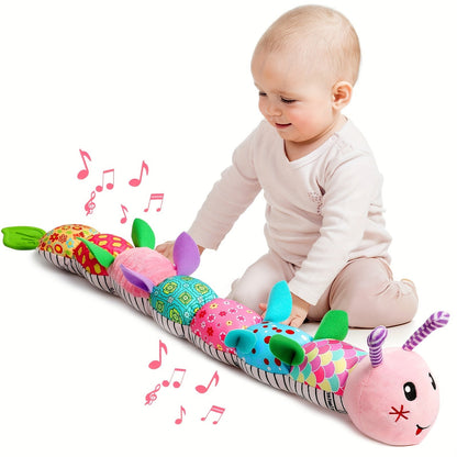 Baby plush musical rattle toy, colorful and soft, for sensory play and soothing sounds.