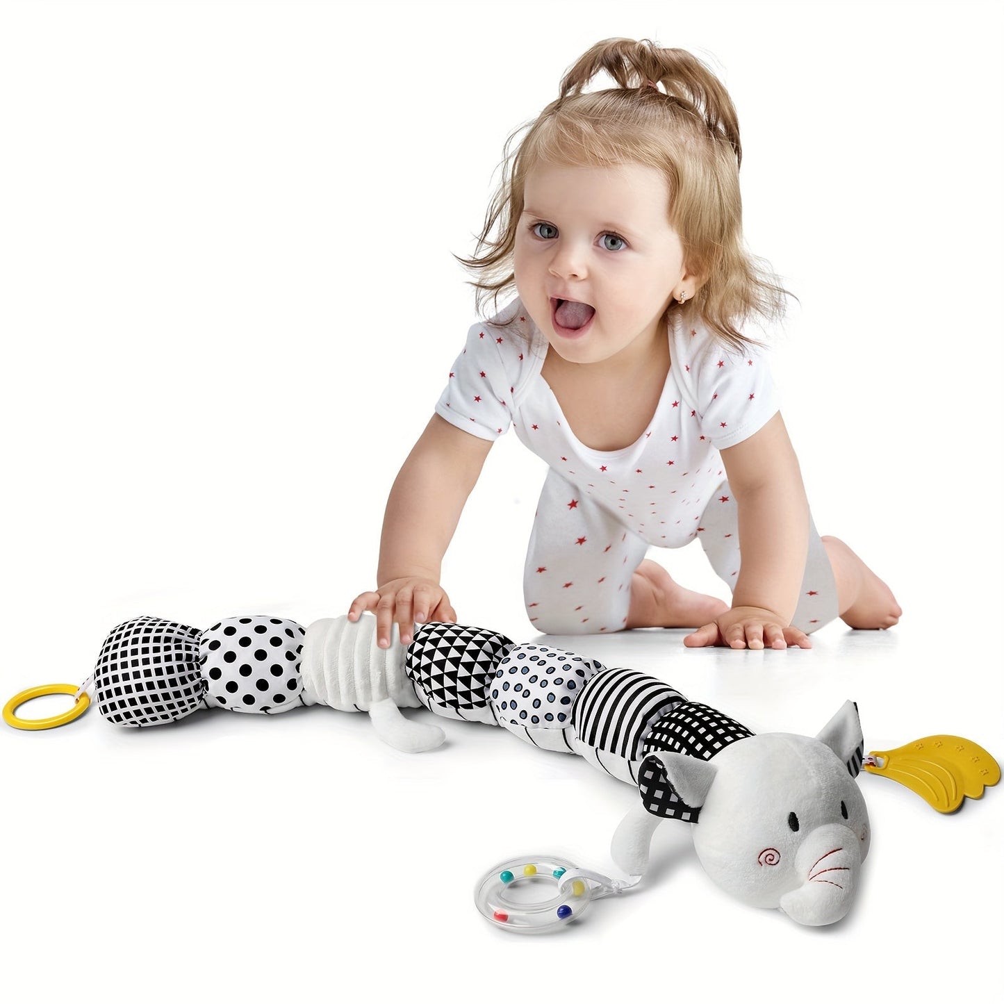 Baby plush musical rattle toy with crinkly parts, adding extra sensory stimulation for infants.