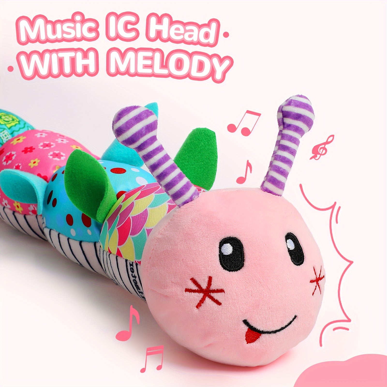Newborn's hand grasping a soft plush musical rattle toy, perfect for sensory exploration.
