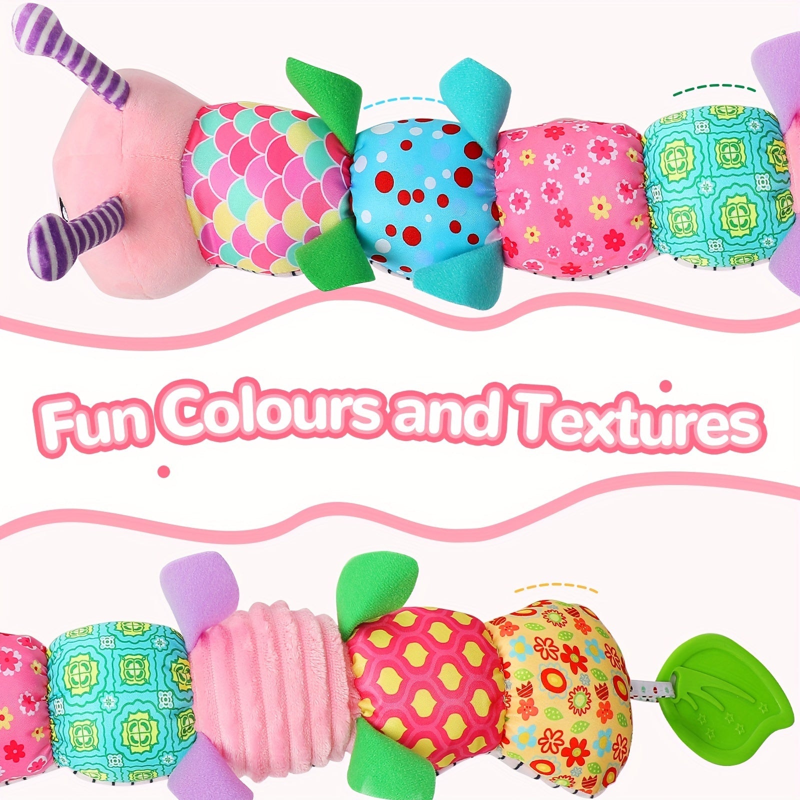 Front view of a cute baby plush musical rattle toy, a great newborn or baby shower gift.