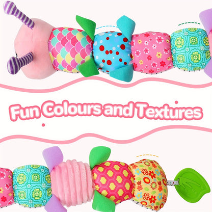 Front view of a cute baby plush musical rattle toy, a great newborn or baby shower gift.
