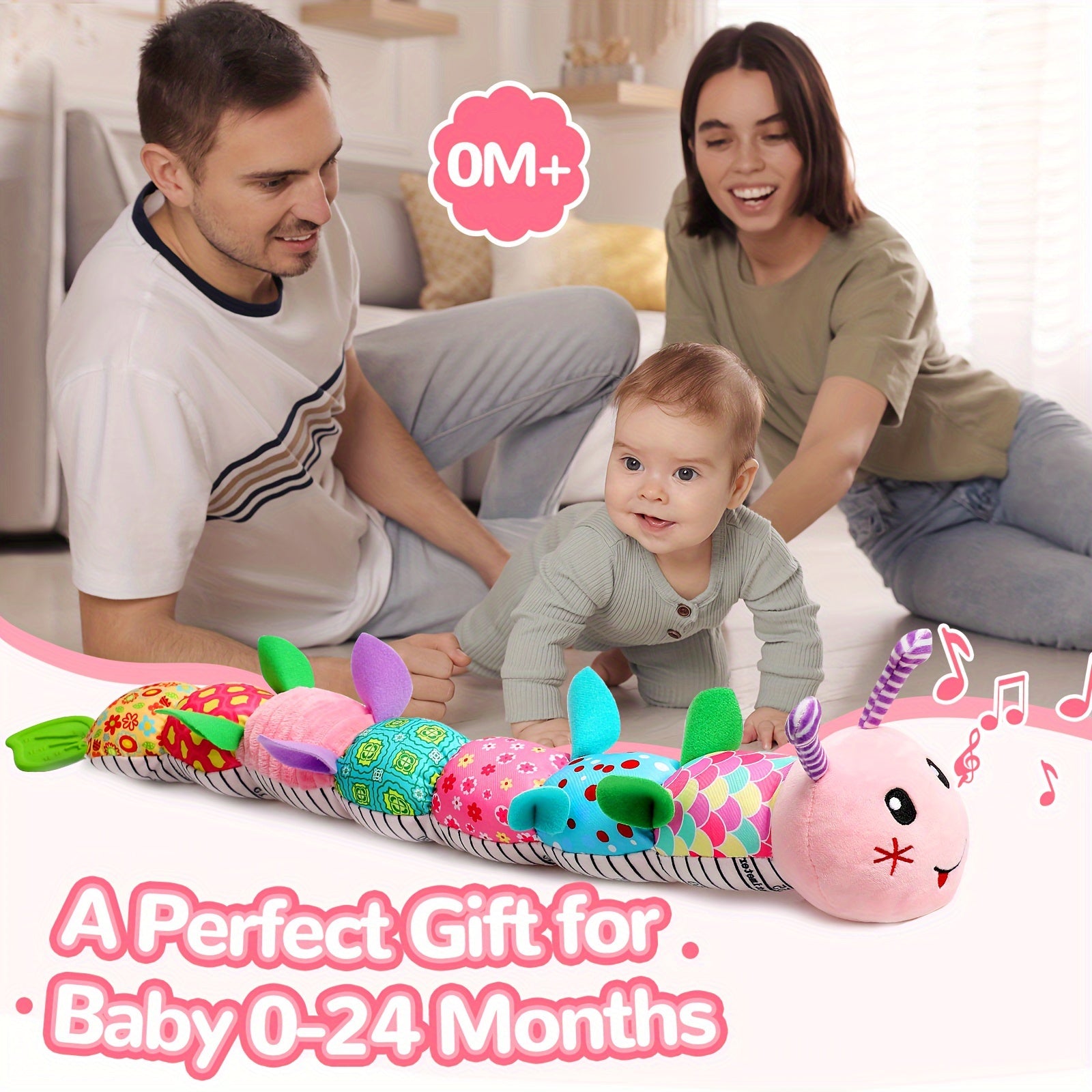Sweet baby smiling while playing with a colorful plush musical rattle toy.
