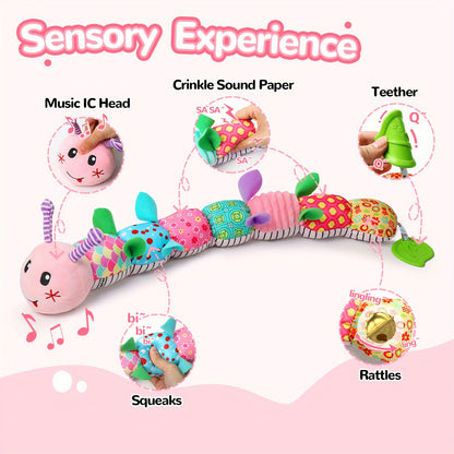 Various angles of a plush musical rattle toy, highlighting its soft design and vibrant colors.