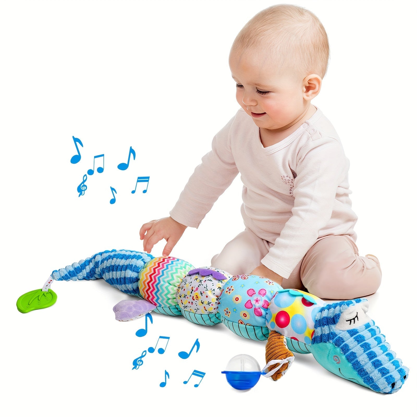 A collection of baby plush musical rattle toys, showcasing different animal designs.