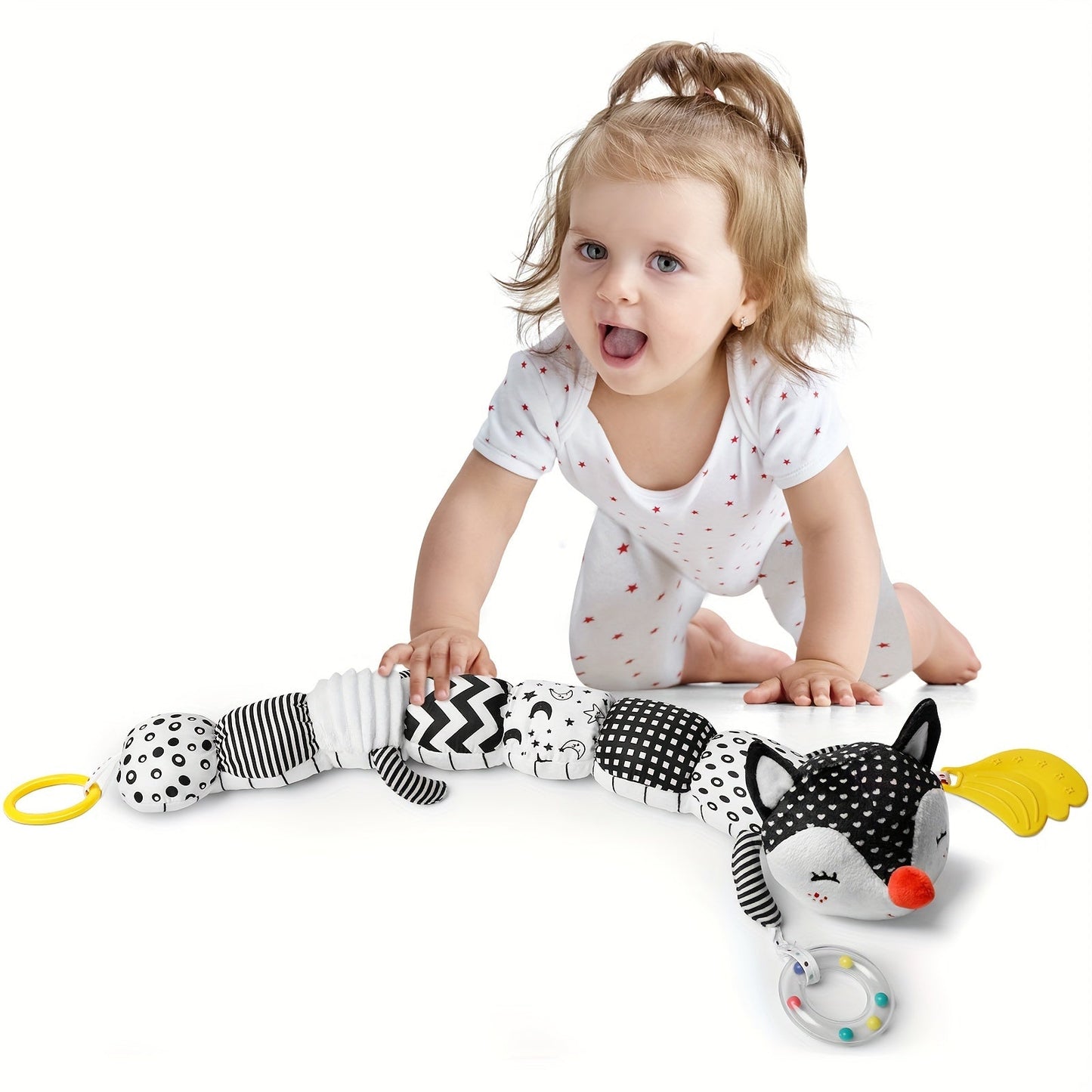 Child-safe baby plush musical rattle toy with embroidered details, promoting sensory play.
