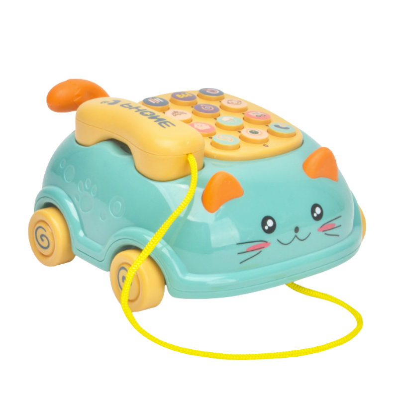 Close-up of a baby's hand playing with an interactive learning phone toy, highlighting numbers and animal sounds.