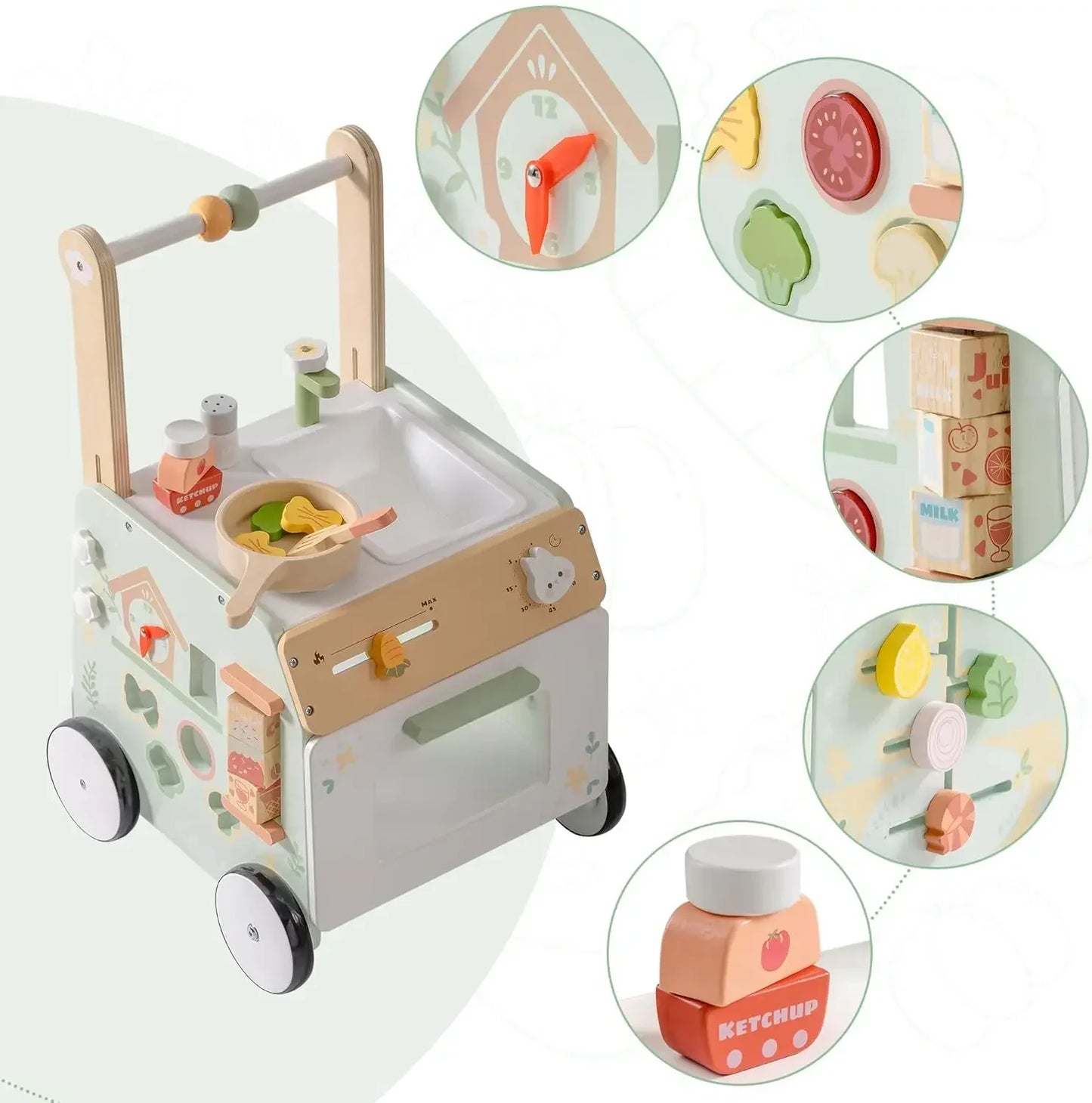 Baby Push Walker & Kitchen Activity Center, Montessori wooden toy for toddlers learning first steps