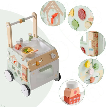 Baby Push Walker & Kitchen Activity Center, Montessori wooden toy for toddlers learning first steps