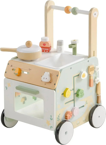 Adjustable height baby push walker with kitchen activity center, aids motor skills and prevents O-legs