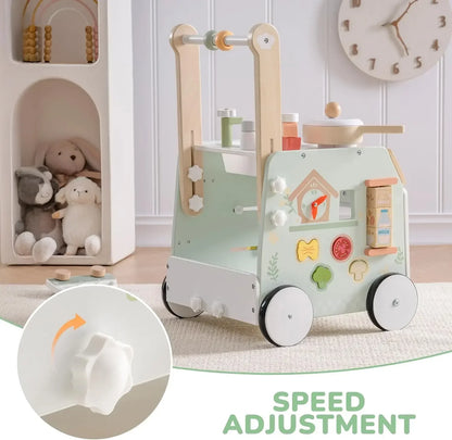 Wooden Montessori activity center and push walker, perfect educational toy for baby's first steps