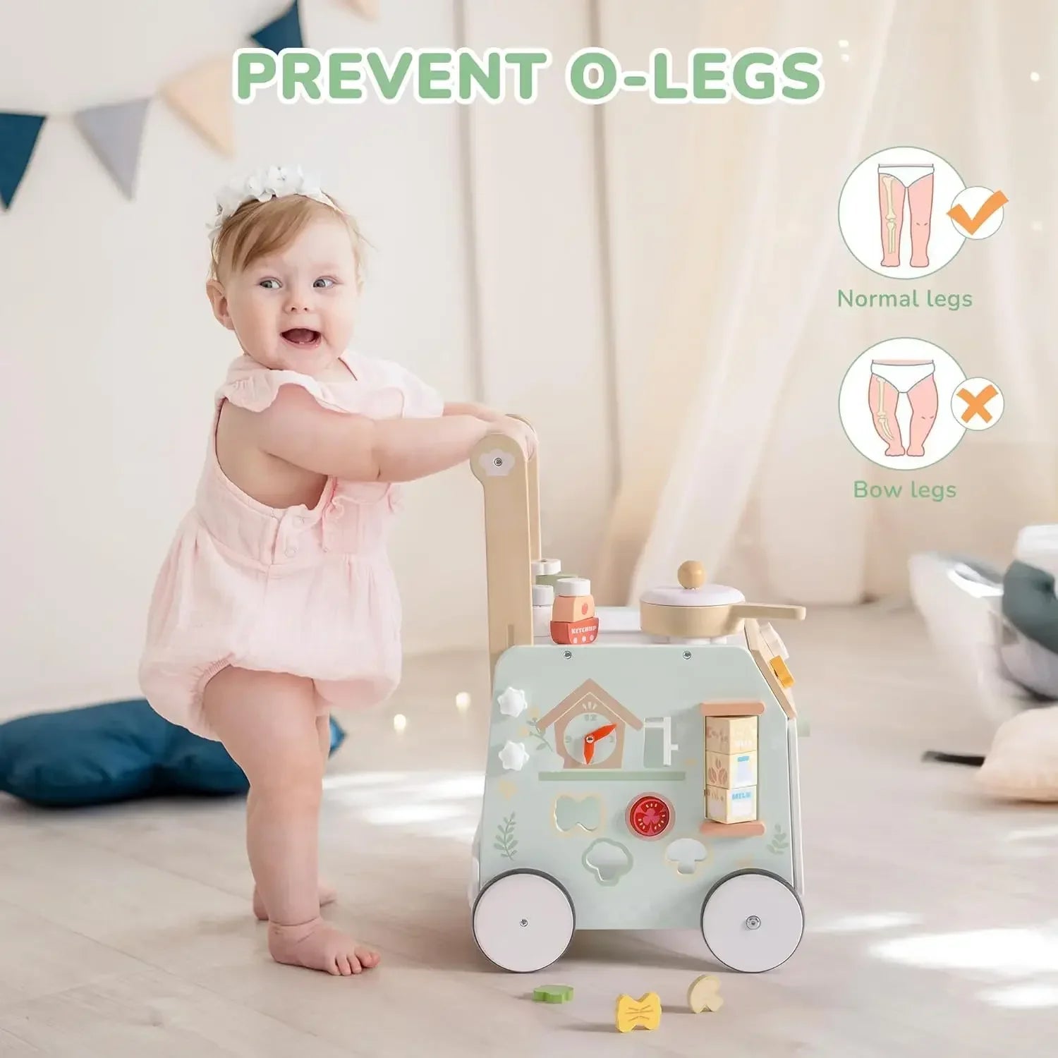 Child using multi-functional baby push walker and kitchen playset, enhancing early development