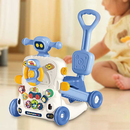 Toddler playing with 6-in-1 baby learning walker, push toy, activity center, early development
