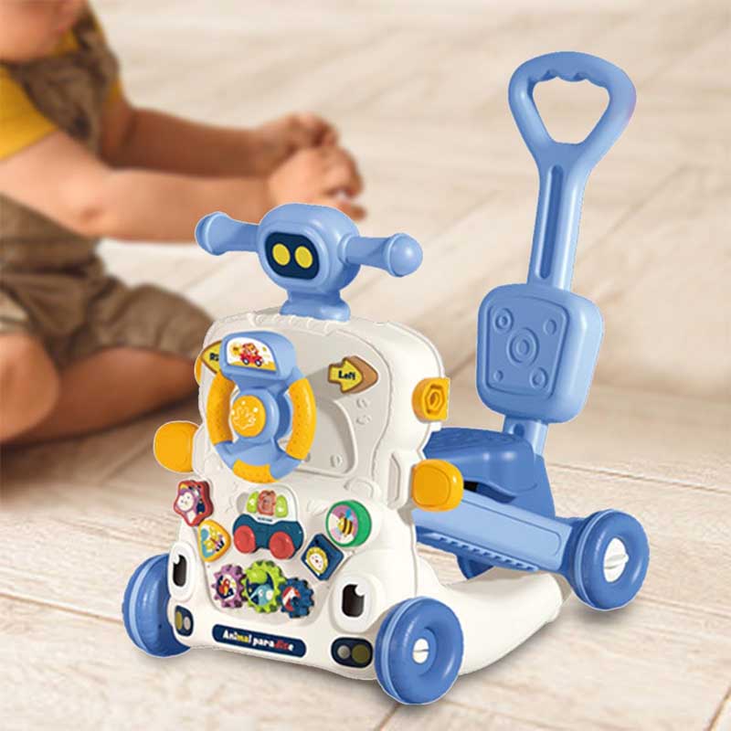 Child standing, holding handle of 6-in-1 baby learning walker, push toy, first steps aid