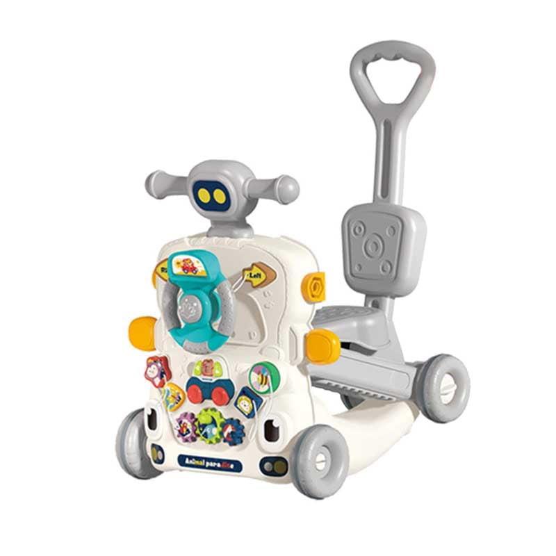Smiling baby exploring features of 6-in-1 learning walker, push toy, educational activity center