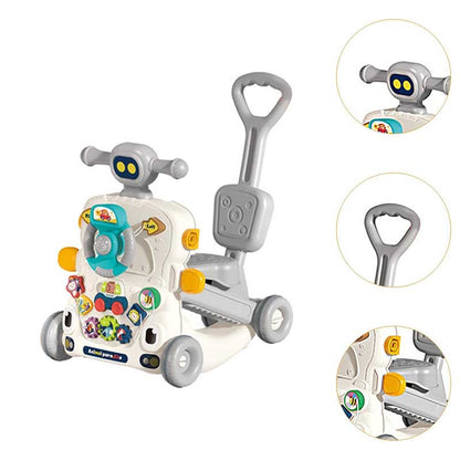 Detail of wheels and base of 6-in-1 baby learning walker, stable and safe push toy for infants