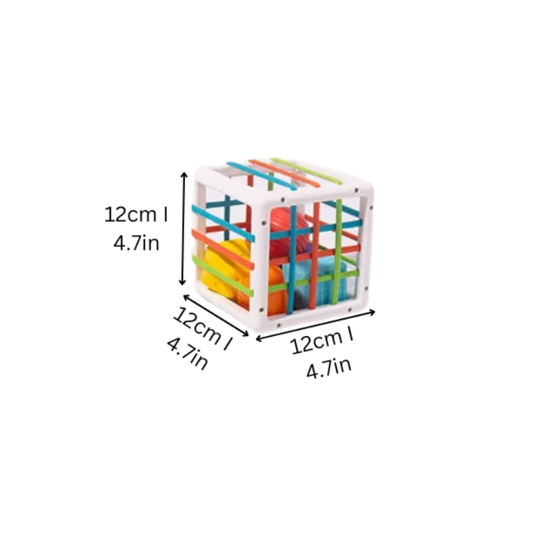Toddler playing with an educational Shape Discovery Fun Cube, featuring colorful shapes for sorting and learning.