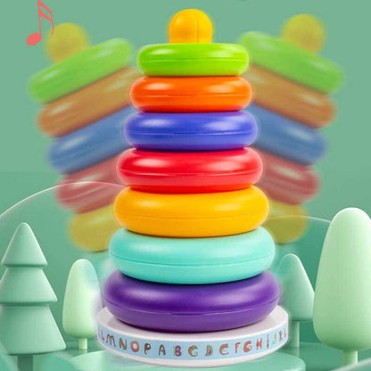 Toddler playing with Rainbow Stacking Ring Tower, an educational activity toy for early learning