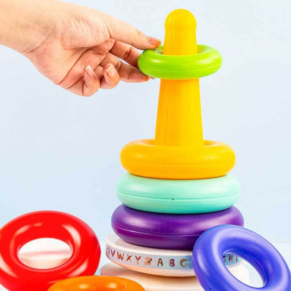 Close-up of vibrant Rainbow Stacking Ring Tower Toy, perfect for baby and toddler play