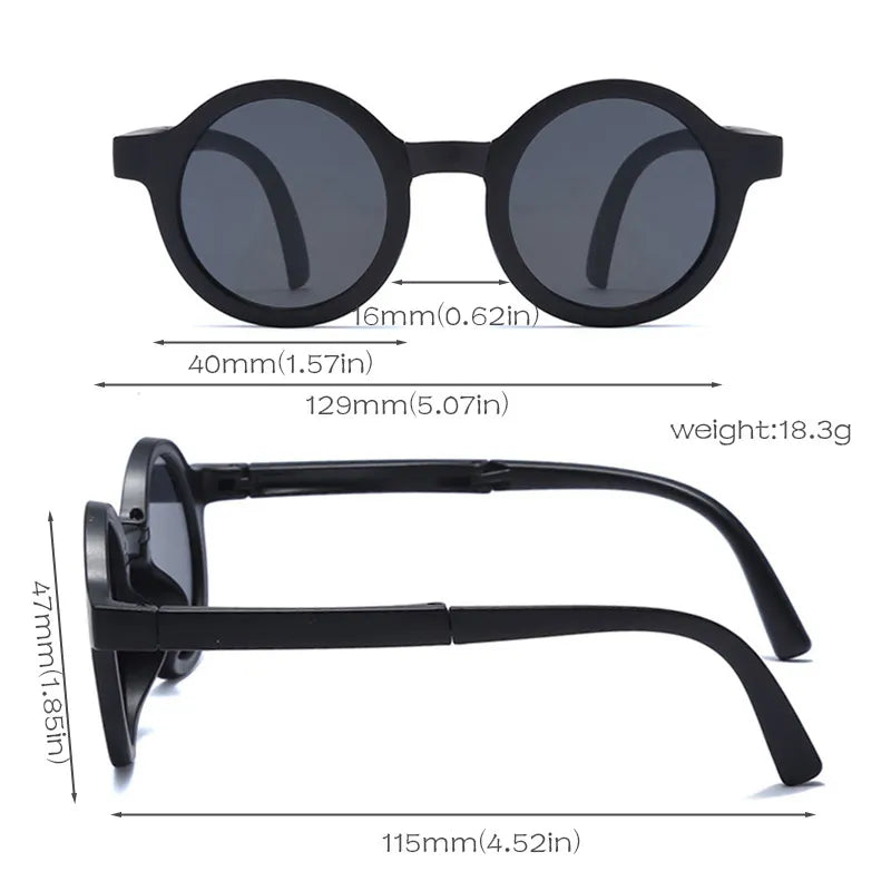 Display of retro foldable round baby sunglasses in various colors, grouped for retail