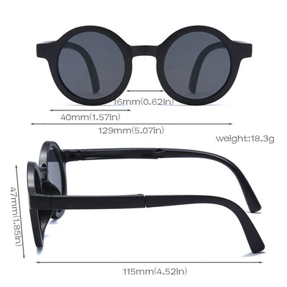 Display of retro foldable round baby sunglasses in various colors, grouped for retail