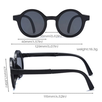 Foldable white retro round sunglasses for infants, providing UV protection for delicate eyes