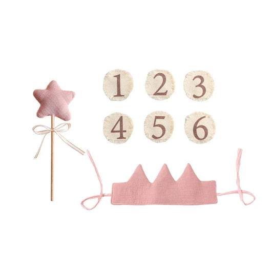 Baby accessory: adorable reusable birthday crown with hook and loop number patches.