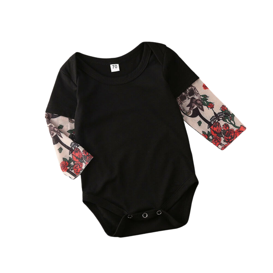 Baby romper with rose print and tattoo sleeves, matching toddler t-shirt, unisex, playwear.