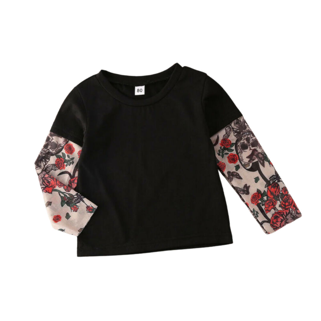 Matching baby and toddler rose print tattoo sleeve outfits for siblings, soft cotton playwear.