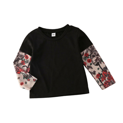 Matching baby and toddler rose print tattoo sleeve outfits for siblings, soft cotton playwear.