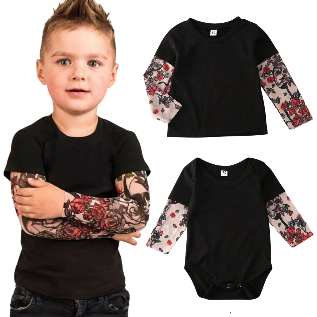 Infant baby romper with unique rose print and cool tattoo sleeves, comfortable cotton outfit.