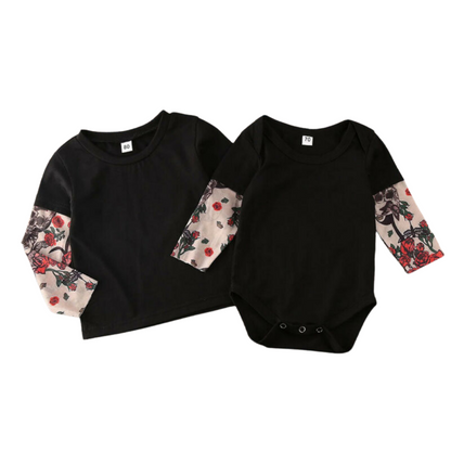 Unisex baby clothing set: rose print tattoo sleeve romper and coordinating toddler top.