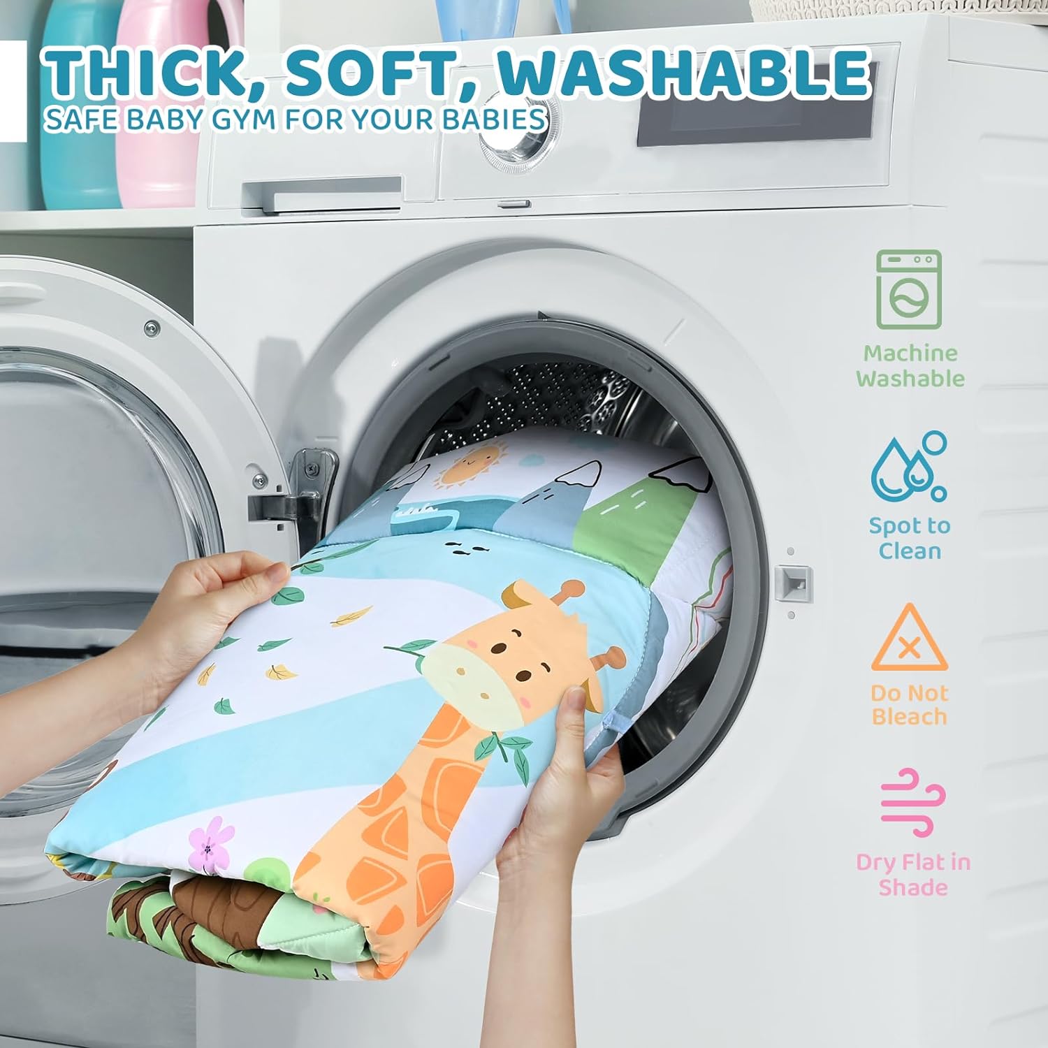Washable baby playmat with a clear view of its detachable arches and activity toys for versatile play.