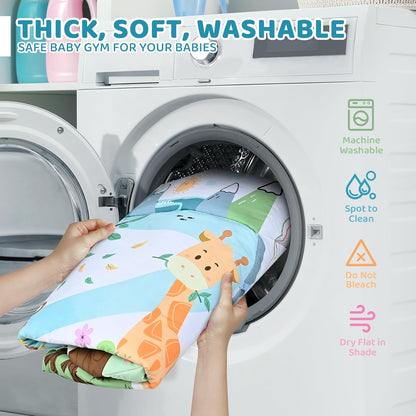 Washable baby playmat with a clear view of its detachable arches and activity toys for versatile play.