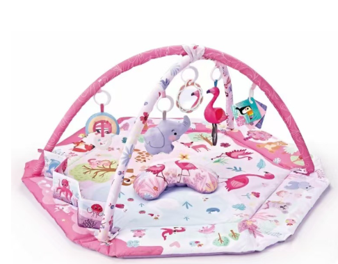 Overhead view of baby playmat with hanging sensory toys, stimulating infant interaction and fine motor skills.