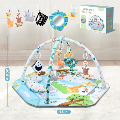 Newborn gift: A baby gym playmat featuring an arch with hanging rattles and crinkly fabrics for sensory exploration.