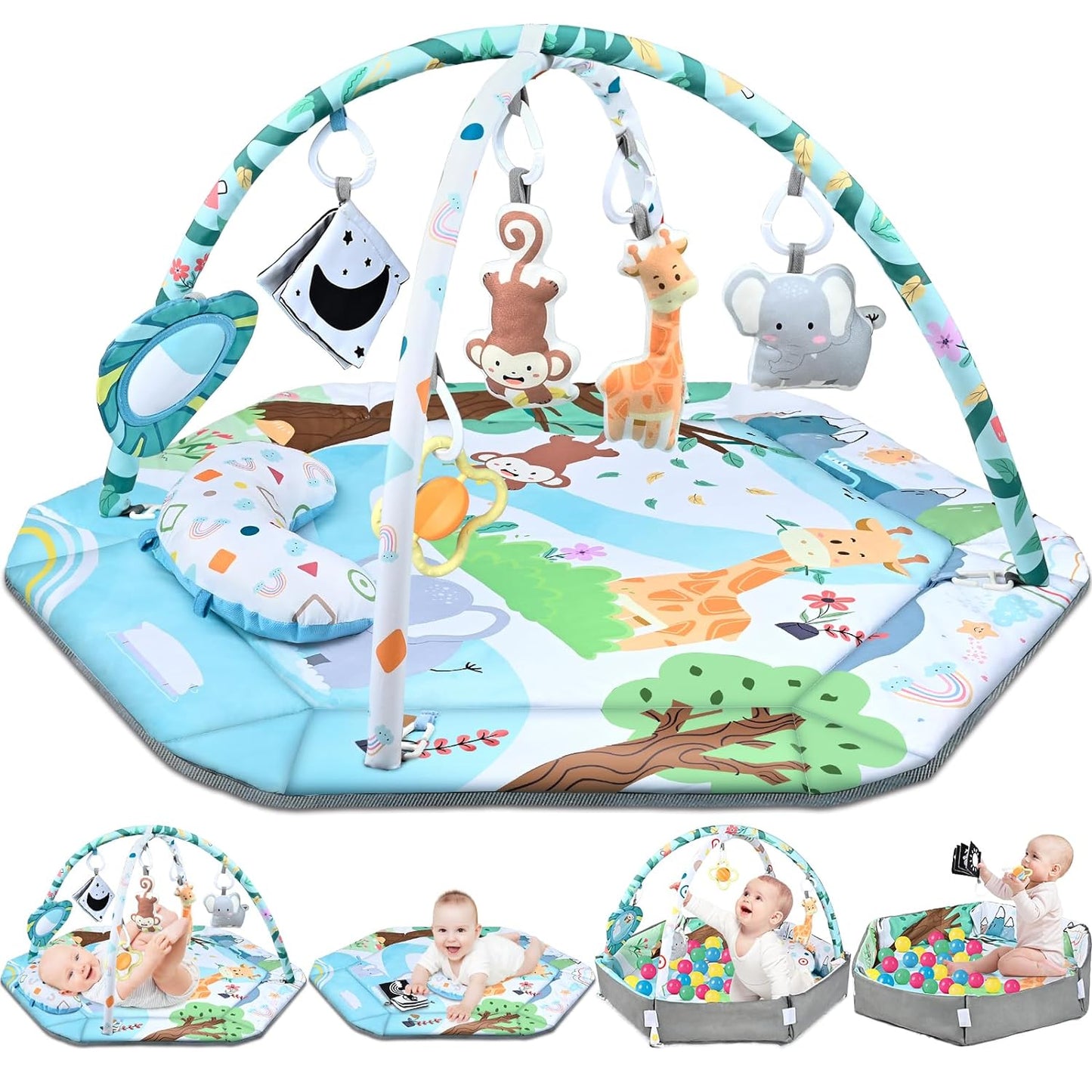 Infant activity center playmat, designed with bright patterns and attached toys to encourage reaching and grasping.