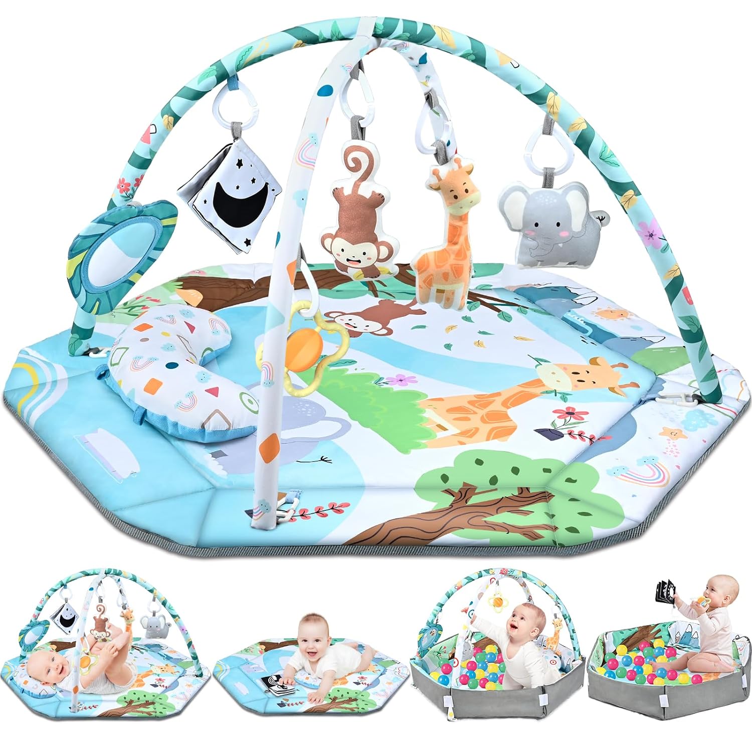 Infant activity center playmat, designed with bright patterns and attached toys to encourage reaching and grasping.