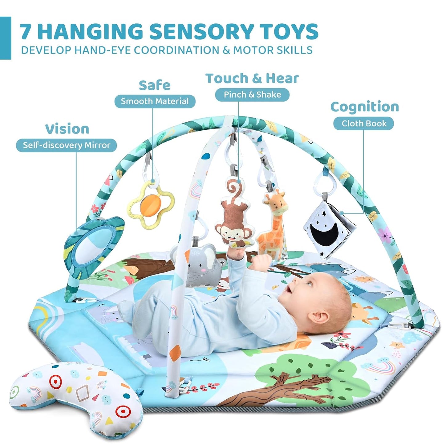 Toddler sitting on the baby playmat, engaging with detachable sensory toys and practicing sitting balance.