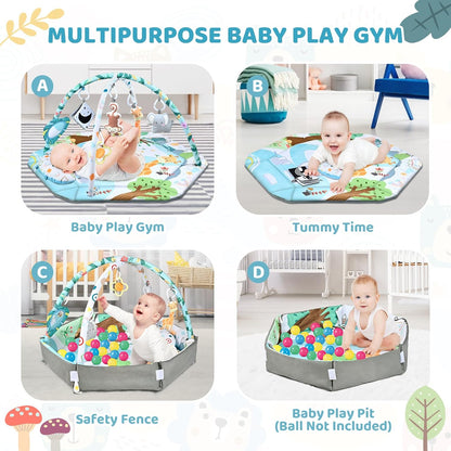 Parents interacting with a baby on the 8-in-1 playmat, highlighting its use for early learning and development.