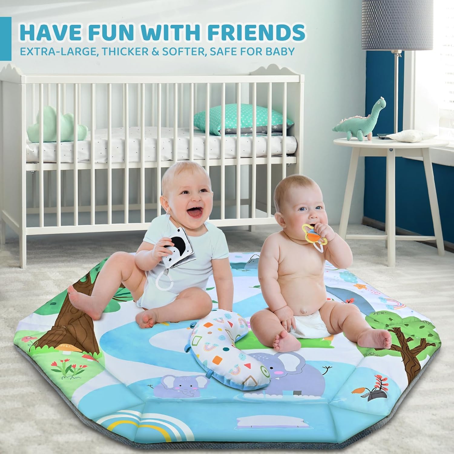 Detail of the baby playmat's soft fabric and vivid illustrations, perfect for stimulating visual development.
