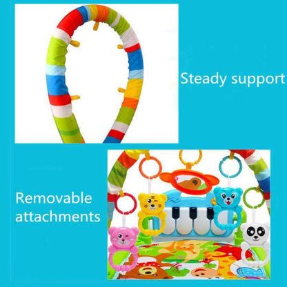 Tummy time mat with an integrated piano and soft, interactive sensory toys, ideal for baby development