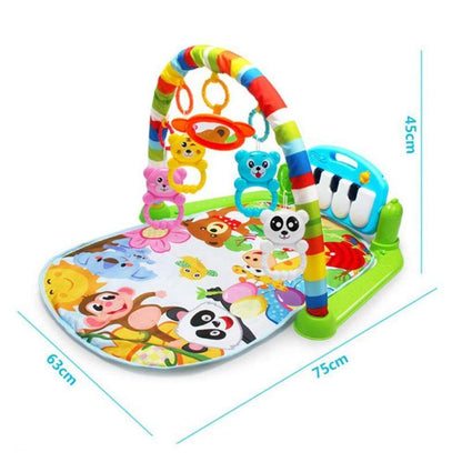 Newborn activity mat with a kick-activated piano and hanging sensory toys, promoting early infant learning