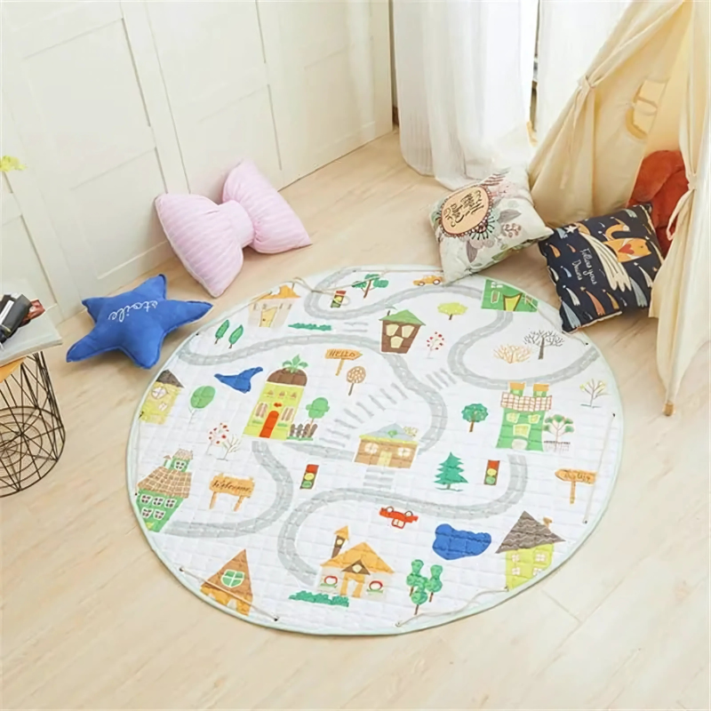 Infant play mat featuring whimsical animal and city designs, perfect for nursery decor