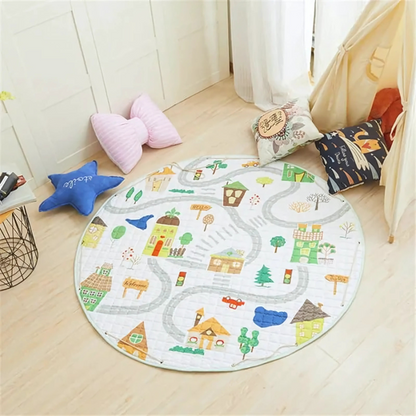Infant play mat featuring whimsical animal and city designs, perfect for nursery decor